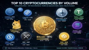 Top 10 cryptocurrencies by trading volume.