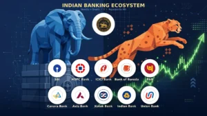 Indian Banking Ecosystem infographic showing top 10 banks of India logos including SBI, HDFC, ICICI, Bank of Baroda, PNB, Canara, Axis, Kotak, Indian Bank, Union Bank regulated by RBI, with elephant symbolizing stability and cheetah showing growth