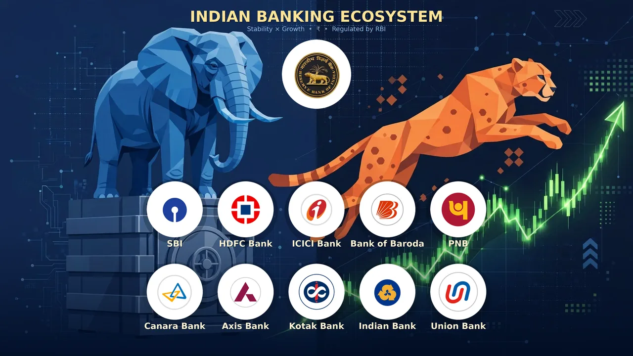 Indian Banking Ecosystem infographic showing top 10 banks of India logos including SBI, HDFC, ICICI, Bank of Baroda, PNB, Canara, Axis, Kotak, Indian Bank, Union Bank regulated by RBI, with elephant symbolizing stability and cheetah showing growth