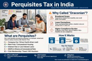 An illustration comparing the unfair perquisite tax burden on private sector employees and PSU bankers versus exempt politicians and judges in India.